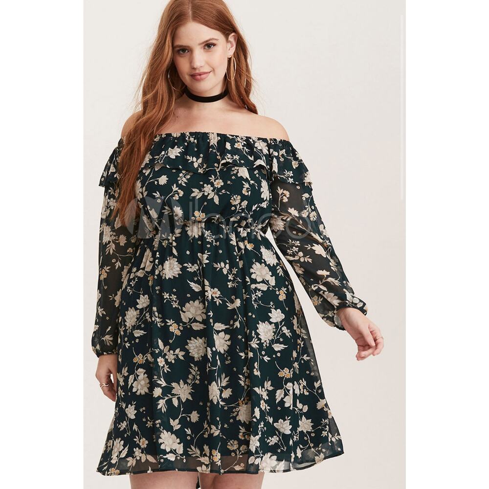 Torrid Dress Mini Off the Shoulder Floral Green Size 10 (M/L)